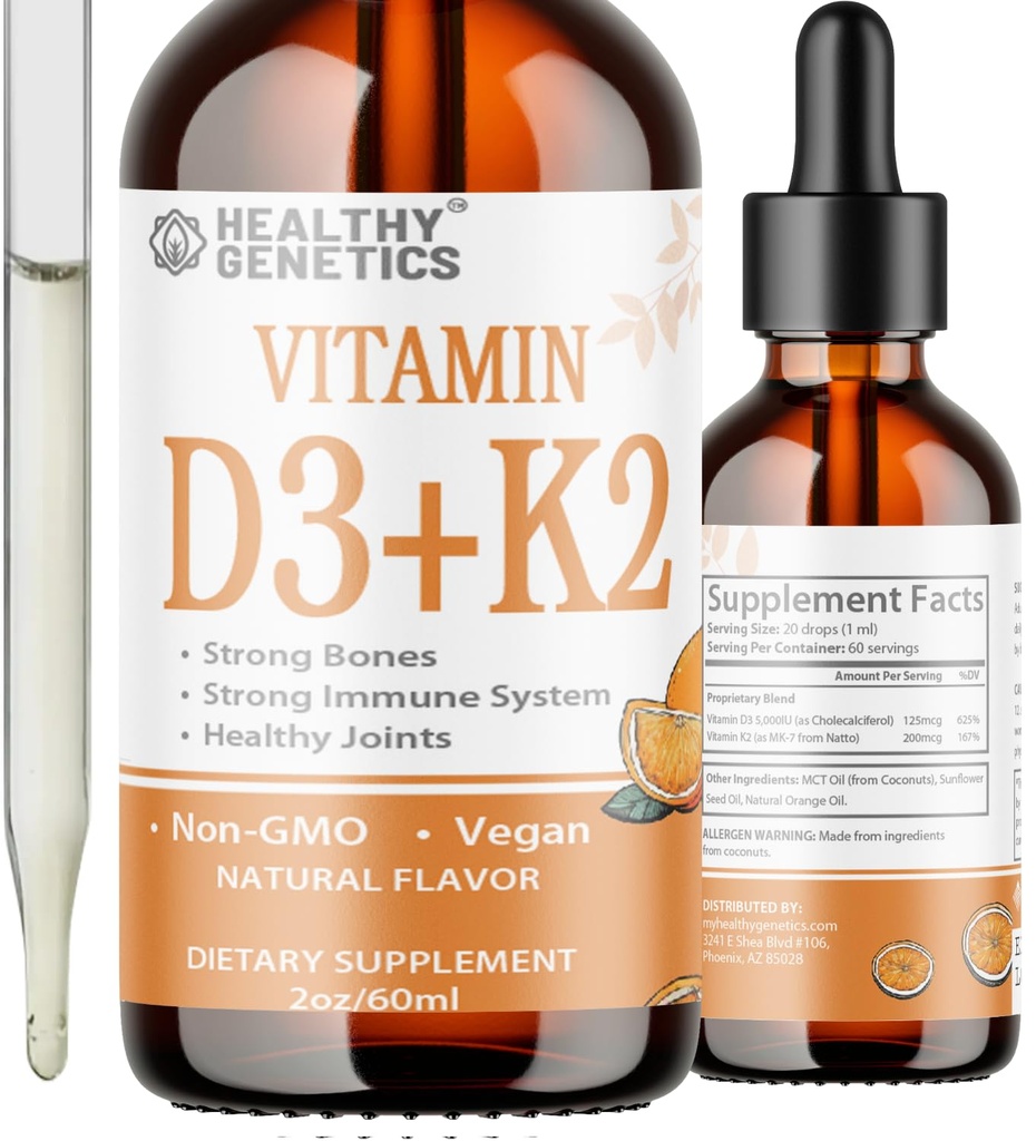Væske vitamin D3 K2 Plus vitamin K2 MK-7 | 5000 IU vitamin D flytende  Drop Bones | Immune | Hjartehelse | Boost Energy 2oz