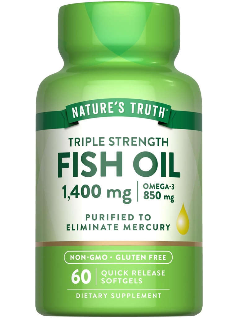 Naturens sannhet trippel styrke fisk olje mykegels | 1400 mg | 60 greve | Aktiv Omega 3 | Ikke-GMO & Glutenfri Supplement