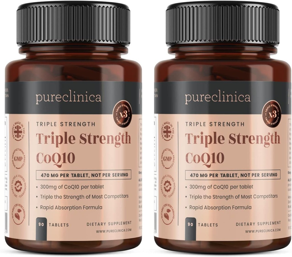 renclinica Fermentert CoQ10 300mg x 180 tabletter (2 flasker 90 tabletter) - 6 måneders forsyning. Ikke GMO, USP Grade. med lagt vitamin C & Black Pepper Extract for absorpsjon.