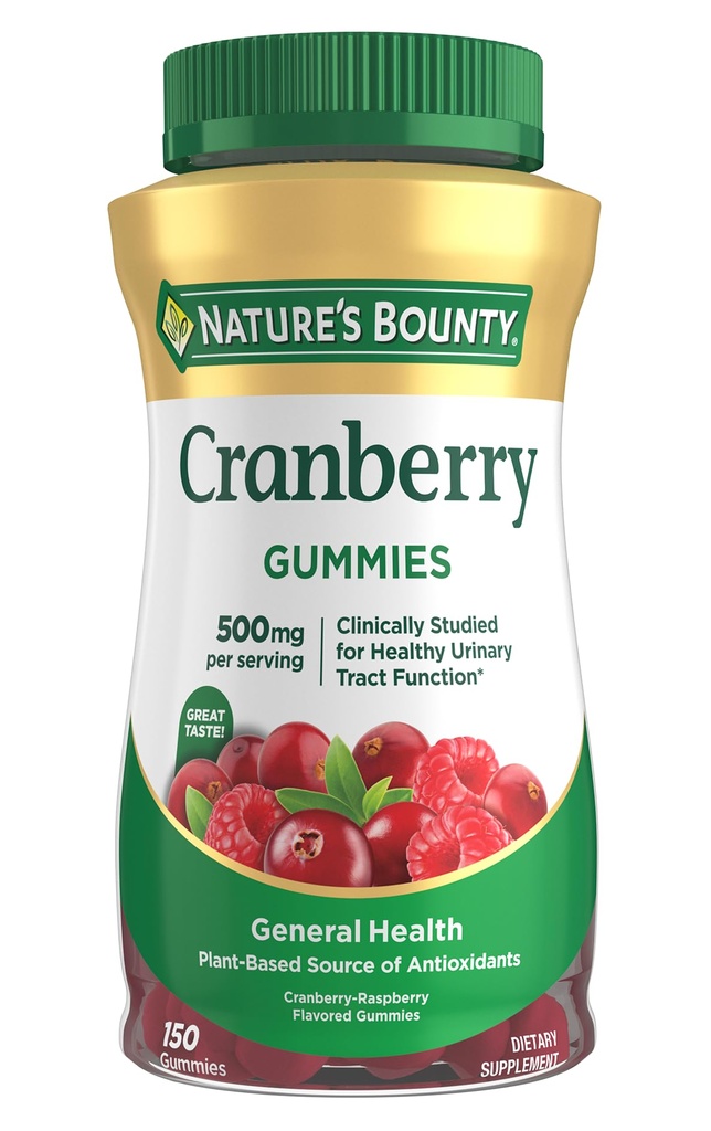 Naturens Bounty Cranberry Gummies, Urin Tract Support, 500 mg, Cran-Raspberry Flavor, 150 Ct