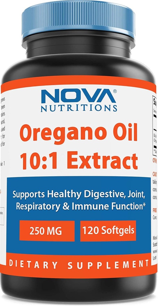 Nova Nutritions Oregano Oil 250 mg 10:1 Ekstrakt - Ikke-GMO & Glutenfri - Olje av Oregano piller - Immunstøtte - 120 Softgels