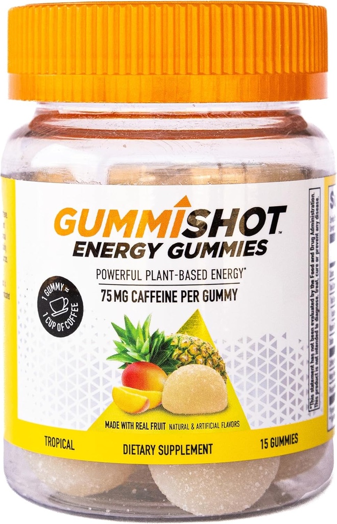 GummiShot Energi Gummies, 1125 mg plantebaserte koffein Chews per flaske, lang varig energi Boosters, Tropical (15ct)