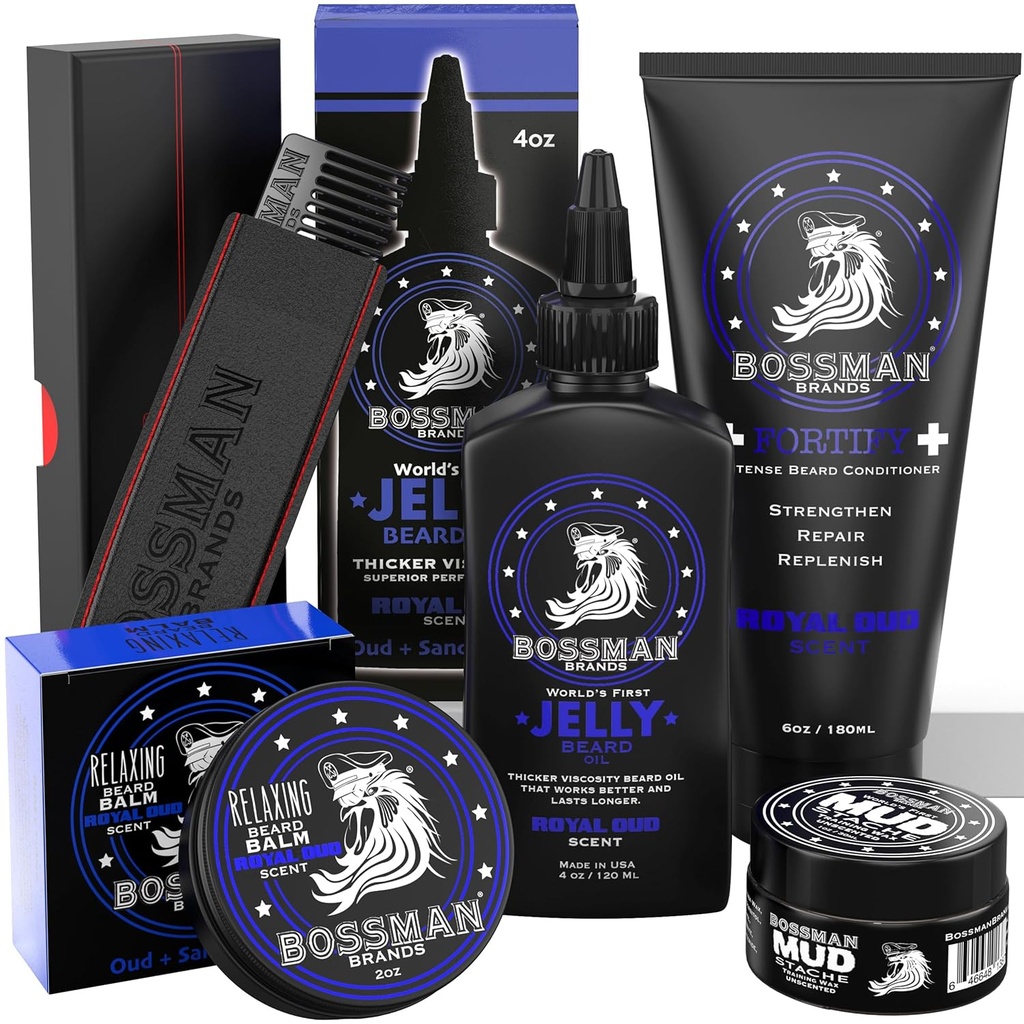 Bossman Complete Beard Kit – menns Beard Oil Jelly, Fortining Dusj balsam, Mustache Wax & Comb – Beard Softener & Grooming Care – menn gavesett (Royal Oud Sent)