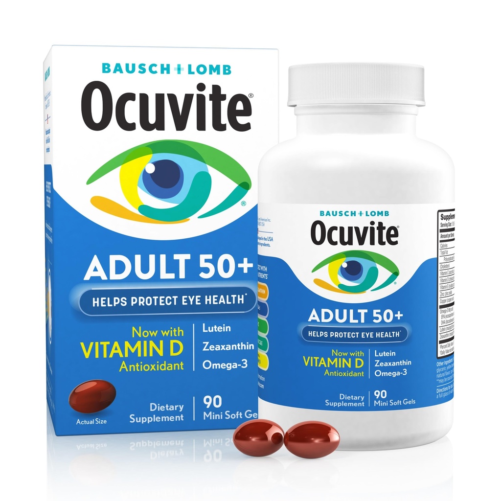 Ocuvite 50+ Eye Vitamin & Mineral Supplement, Multivitamin for Visjon & Okulære Helse med Omega-3, Sink, Vitaminer C & E, Lutein & Zeaxanthin, Sink kosttilskudd for kvinner og menn, 90 Softgels