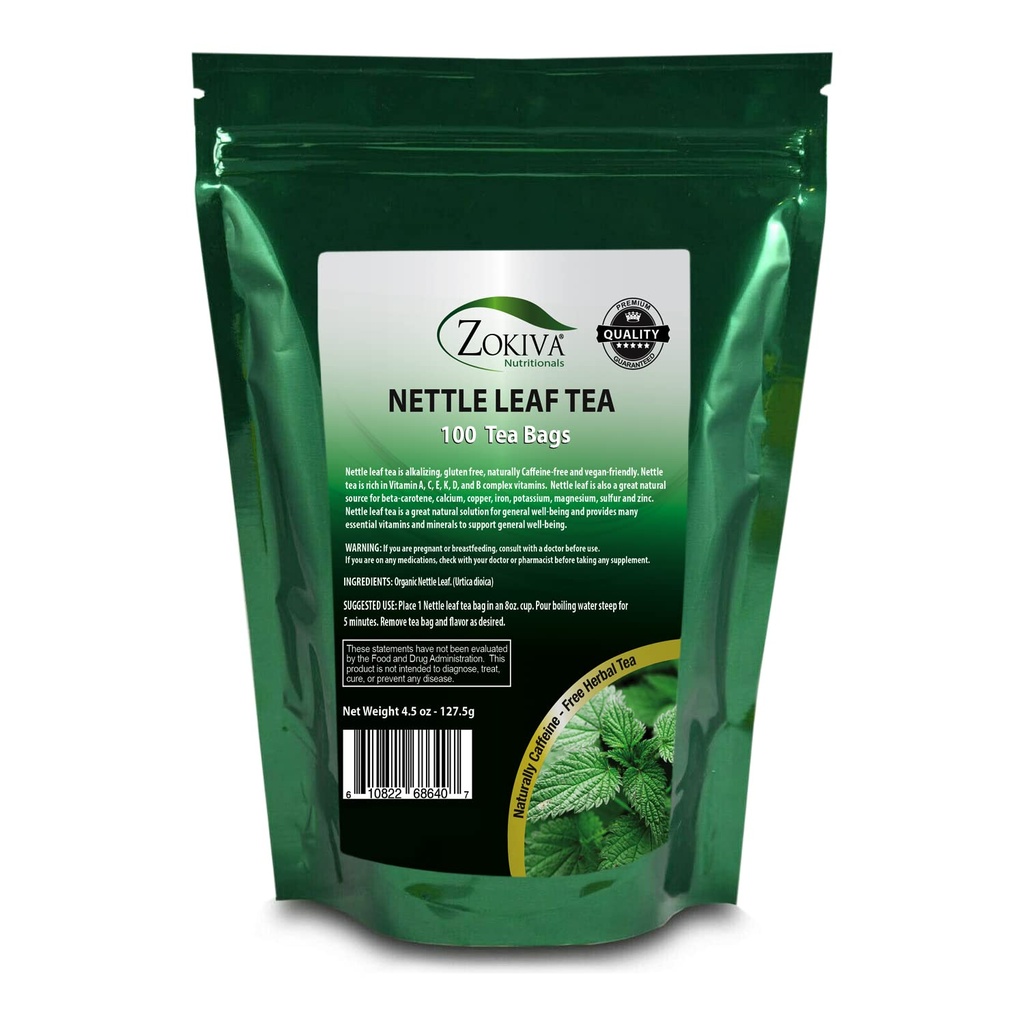 Zokiva Nutritionals - Nettle Leaf Tea Bags Mega Pack - 100 Premium kvalitet Beleilig Organic Herbal Te Bags - Koffeinfri og vegansk-vennlig I en forseglbar stativ opp Zip Lock Pouch