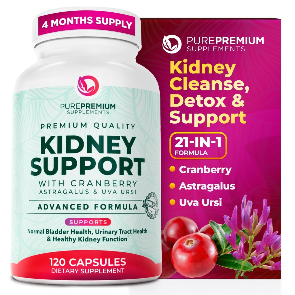 PurePremium Njurestøtte Supplement - Nyre rengjøring Detox & Reparasjon med Cranberry Extract & Astragalus - 21-i-1 Complex Støtter Normal Blader, Urin Tract & Nurrenals Helse - 120 dagers forsyning