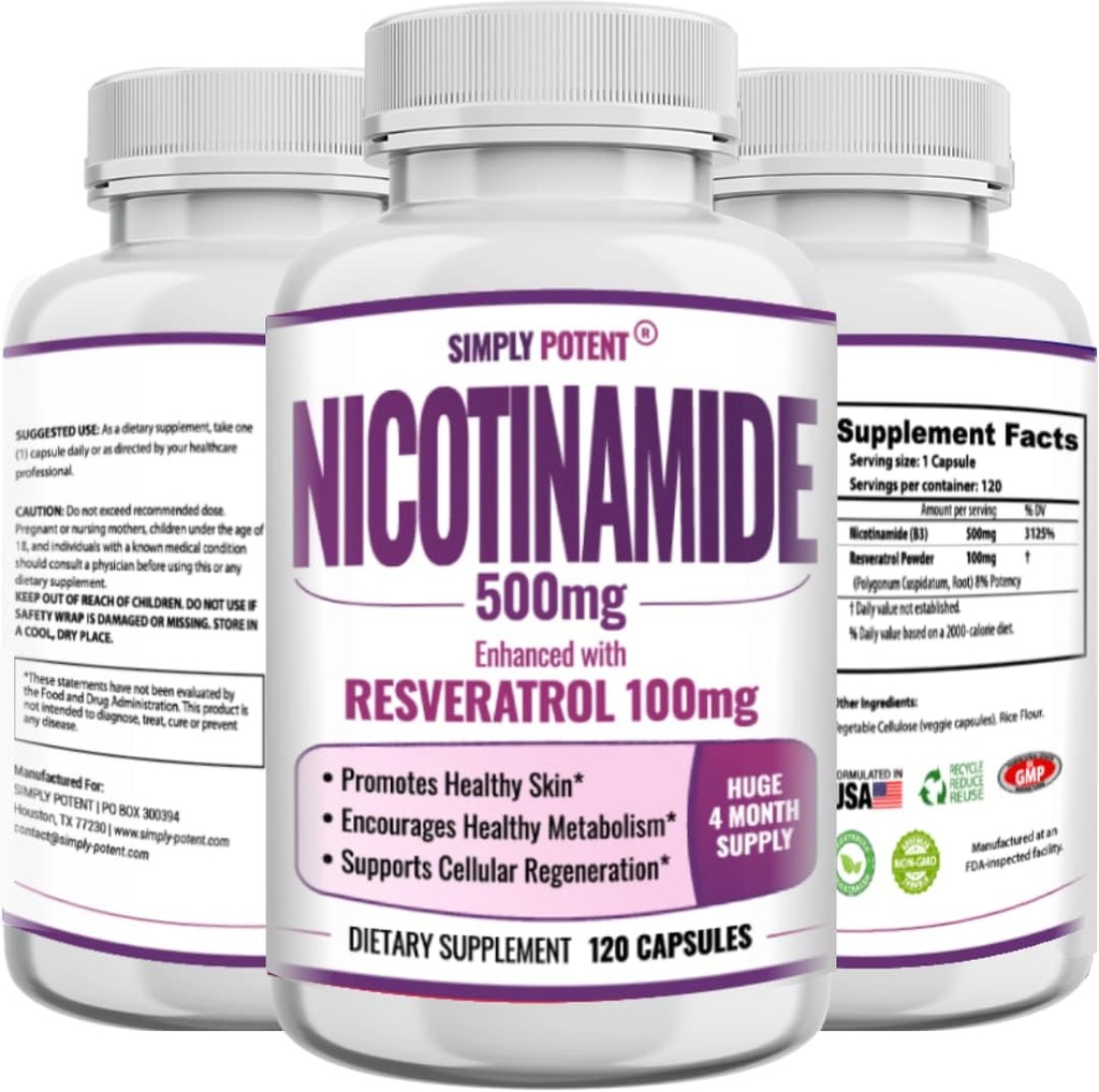 Nikotinamid 500mg med Resveratrol 100mg - 120 Veggie kapsler - Vitamin B3 Supplement piller for å støtte NAD, hudcelle helse og energi