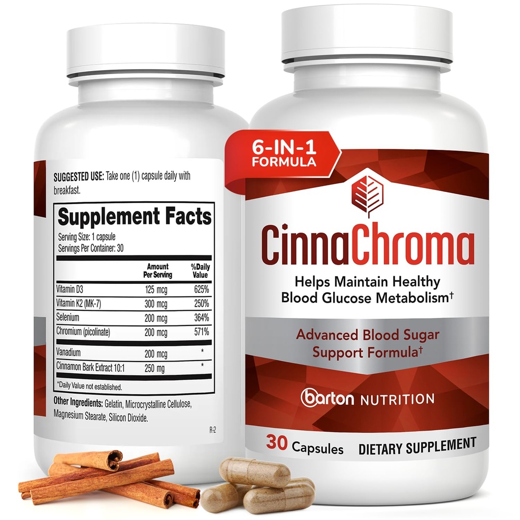 CinnaChroma Kapsler - Cinnamon Supplements med 10:1 Ekstrakt, Chromium, Vanadium, Selenium, vitamin D3 & K2 - Naturlig sukkerblokker - 30 kapsler, 1 måneds forsyning