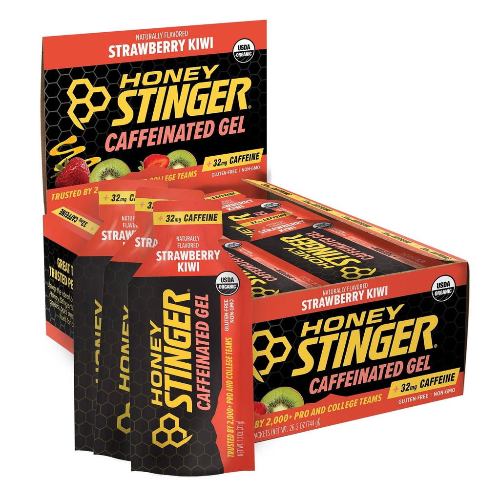 Honning Stinger Strawberry Kiwi Energy Gel, Koffeinert og glutenfri med økologisk honning, for øvelse, løping og ytelse, Sportsnæring for hjem & gym, Før og midt trening, 24 Pack