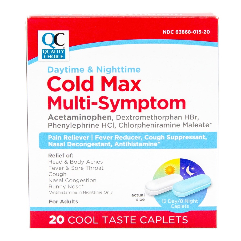 Quality Choice Day & Night Cold Max Multi-Simptom, Cold & Flue medisin, Smerte Relief, Feber Reduser, Cough Suppressant, Nasal Decongestant, 24-timers Relief Cool Smak Caplets