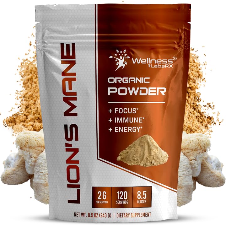 WELLNESS LABSRX Lions Mane Powder, Mushroom Supplement - 2000mg - Lions Mane Supplement - Lions Mane Mushroom Powder Brain Supplements for minne og fokus, immunstøtte og helse - 120 Serveringer