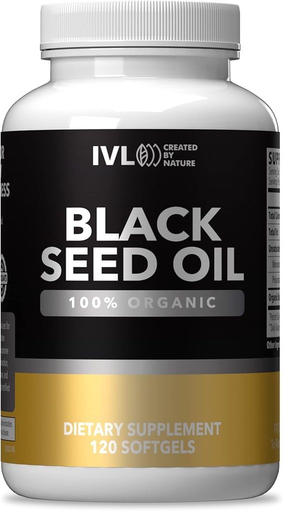 IVL - økologisk svart frøolje - 120 Softgel kapsler - (1000 mg per servering) - ren kaldpresset Nigella Sativa frøolje - Omega 3 6 9, Antioksidanter, Thymoquinon - Black Seed Oil flytende kapsler