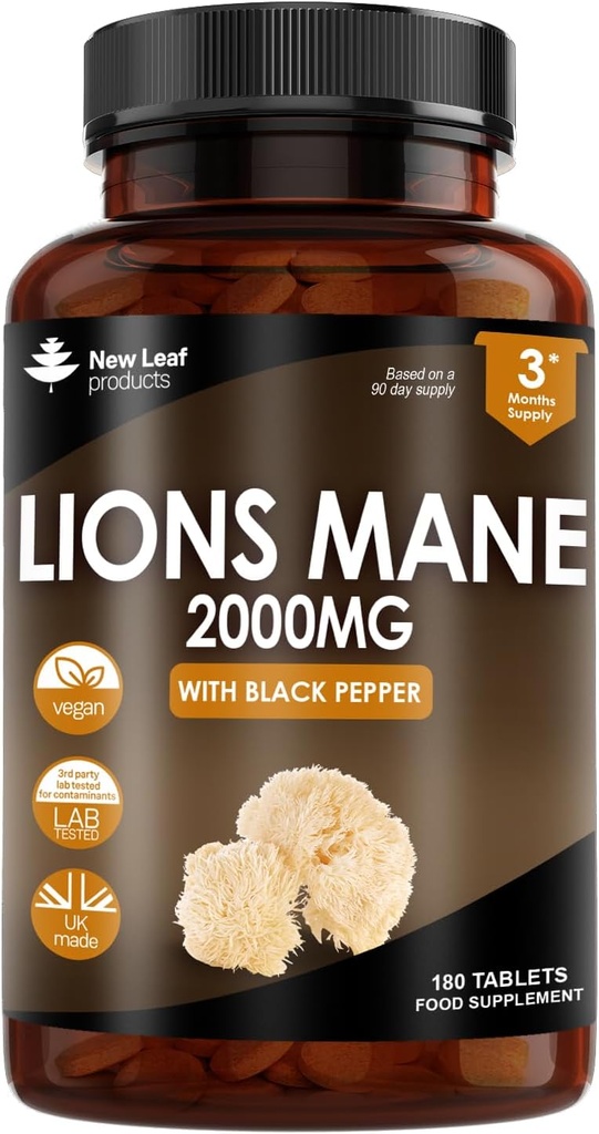 Ny Leaf produkter Lions Mane Mushroom ekstrakt Supplement 2000mg - 180 høy styrke Vegan tabletter med svart pepper - (ikke pulver eller kapsler) laget i Norge