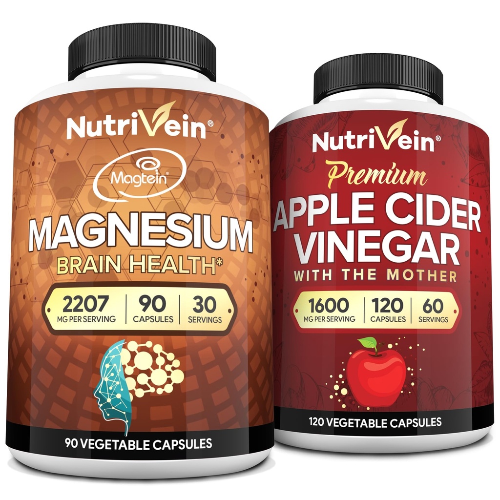 Nutrivein Premium Apple Cider Vinegar Capsules & Magnesium L-Troonate Bundle: høyabsorpsjon Magnesium Threonate Supplement og Apple Cider Vinegar Kosttilskudd for hjernen, Gut, og total velvære