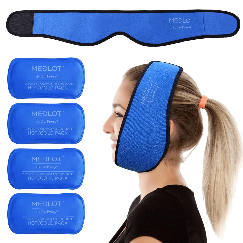 LotFancy Face Ice Pack Wrap for TMJ, Visdom tenner, med 4 Reusable Hot Cold Therapy Gel pakker, smertelindring for hodet, munnlig og ansiktskirurgi, tannimplantater, blå
