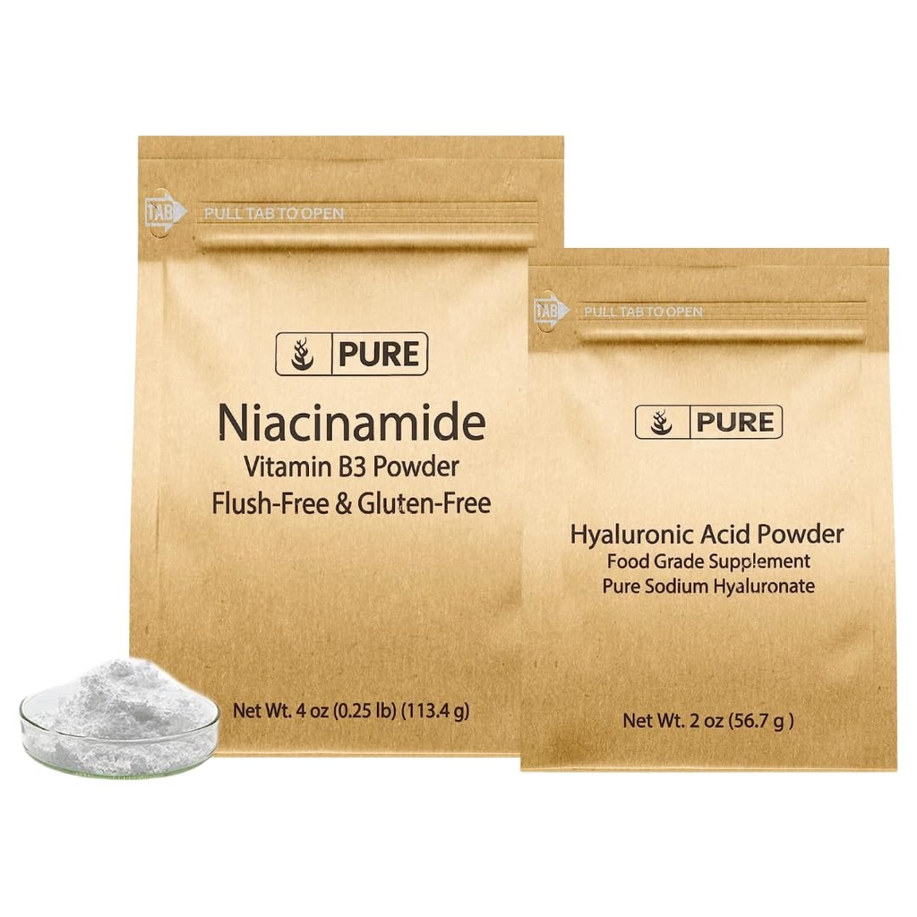 PURE ORIGINALE INGREDIENTS Hyaluronsyre og niacinamidbundel, forskjellige størrelser, flush-fri, fine pulvere