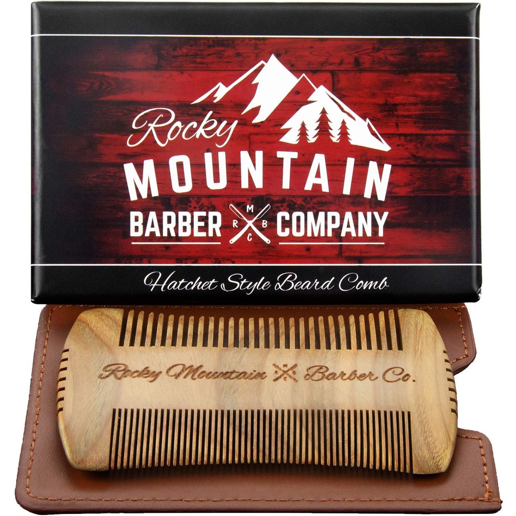 Beard Comb - Sandalwood Natural Hatchet Style for hår - Anti-Static & No Snag, Håndlaget Wide & Fine tannbørste Best for Beard & Moustache med bærende tilfelle Pouch