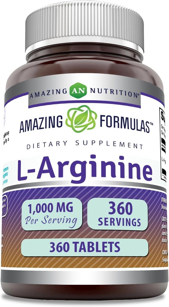 Amazing Formler L-Arginin Supplement | 1000 Mg Per Serving | Tabletter | Aminosyre Supplement for kvinner og menn | Ikke-GMO | Glutenfri | Laget i USA (360 greve)