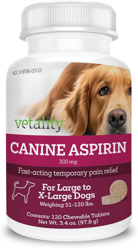 Vetality Canine Aspirin til hunder | Rask smerte relief | Stor til X-store hunder | Lever Flavor | 120 Chewable tabletter