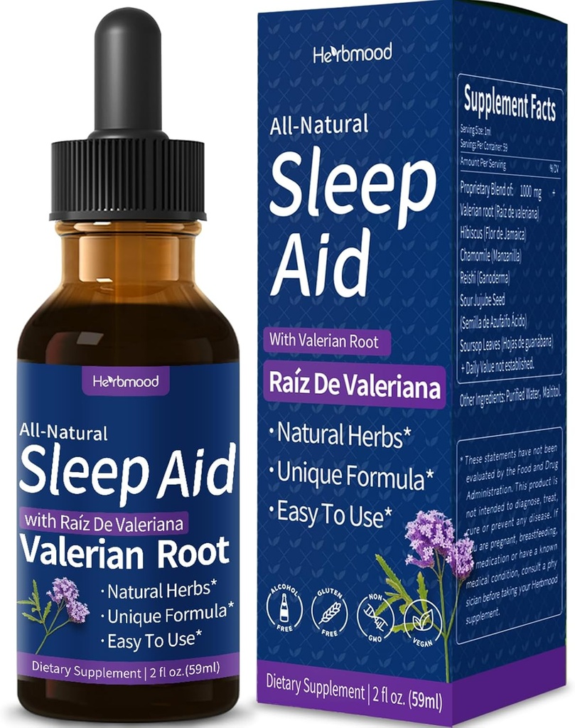 Valerian Root Sleep Support Drops, Gotas de Manzanilla y Flor de Jamaica y Valeriana para Dormir Profundamente, All-Nature Herbal Extract flytende med Hibiscus & Chamomille. 2oz