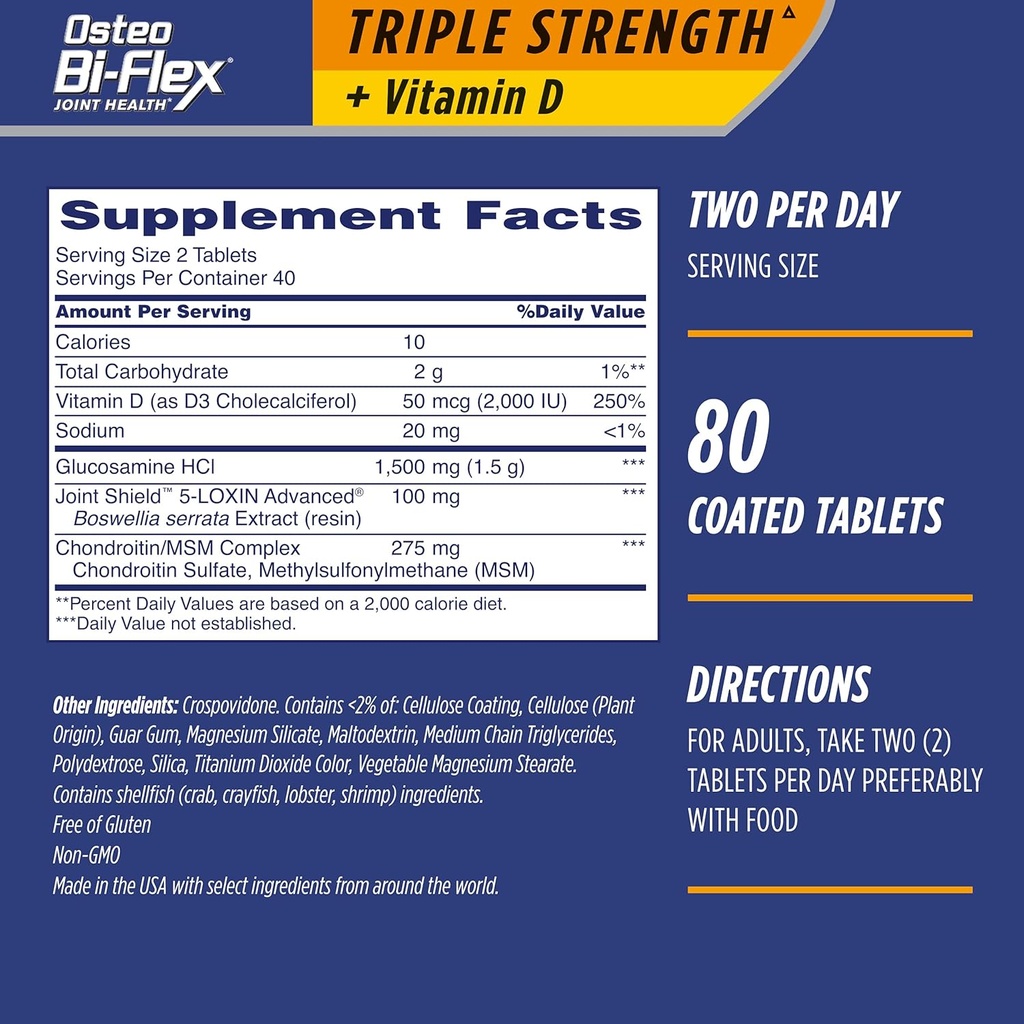 Osteo Bi-Flex trippel styrke(5) med vitamin D glucosamine Chondroitin felles helse supplement, belagte tabletter, 80 telle (pakke med 2)