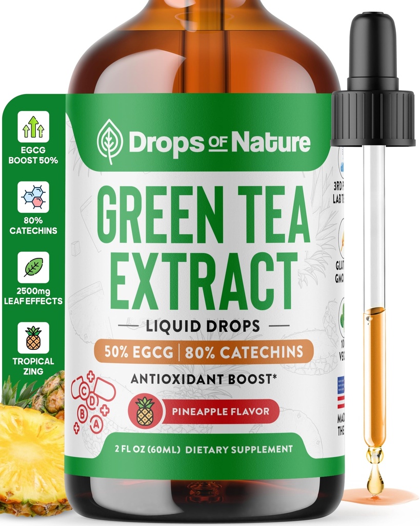 Grønn te 10:1 Ekstrakt 50% EGCG - Grønn te flytende dråper - Vegansk, 4X mer kraftig enn piller og kapsler - 2oz antioksidant og immunsupplement - Hud, hjerte støtte, hjerne helse og hukommelse Boost