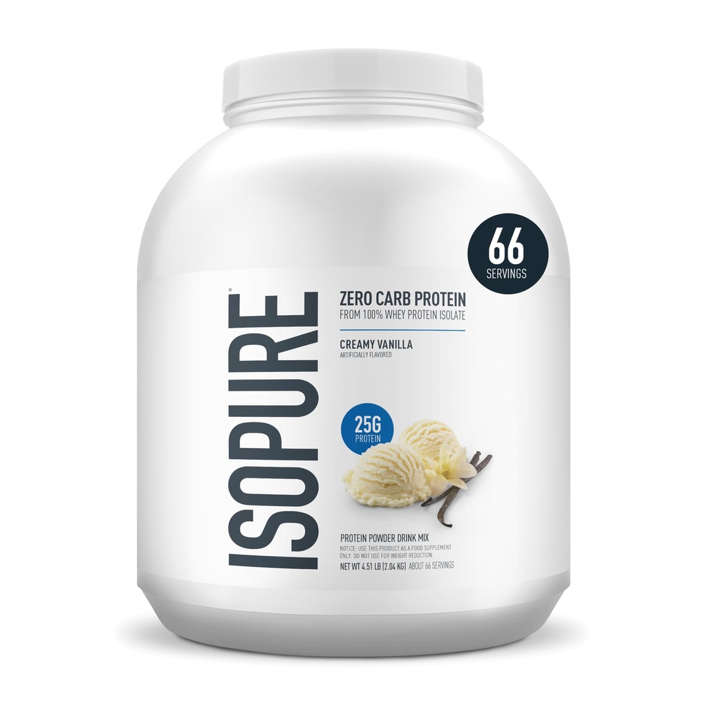 Isopure Zero Carb 100% ren Whey Isolate Protein Powder, Laktose Gratis, Glutenfri, Med vitaminer, Kremet Vanilla, 25g Protein Per Serving, 4,5 Lbs, 66 Serveringer (Packaging May Vary)