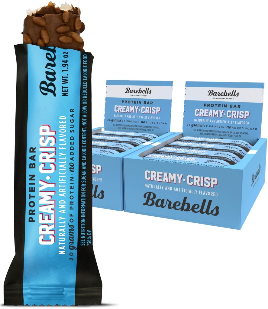 BAREBELLS Protein Bars Cready Crisp - 12 greve, pakke med 2 - Protein Snacks med 20 g høy protein - sjokoladeprotein bar med 1 g total sukker - Perfekt på Go Protein Snack & Breakfast Bars