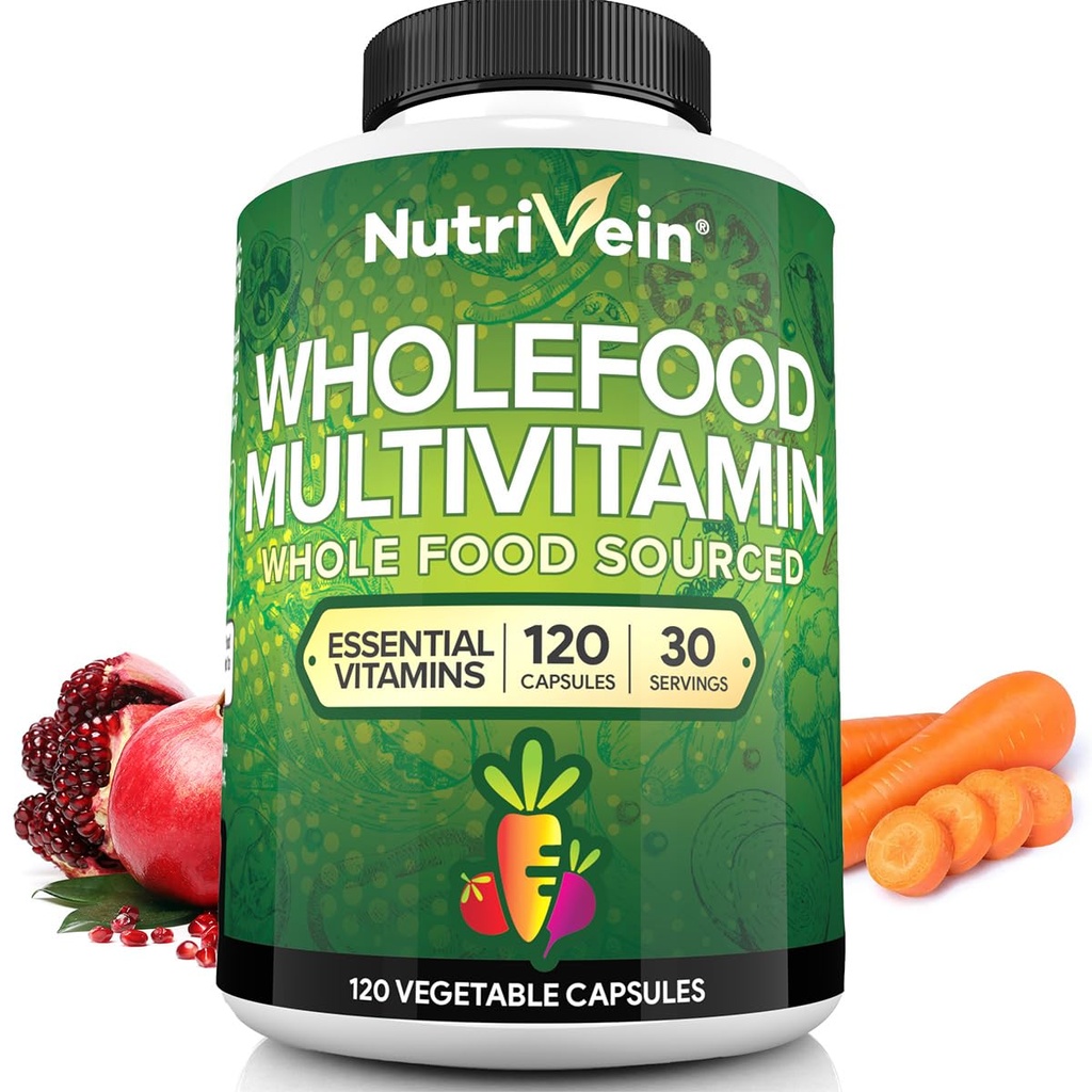 Nutrivein Hele mat Multivitamin for menn og kvinner – 120 Vegan Multivitamin Caps for voksne – Daglig energi, immun og hjerte støtte – rå frukt og grønnsaker blanding + B-vitaminer - ikke beregnet for barn