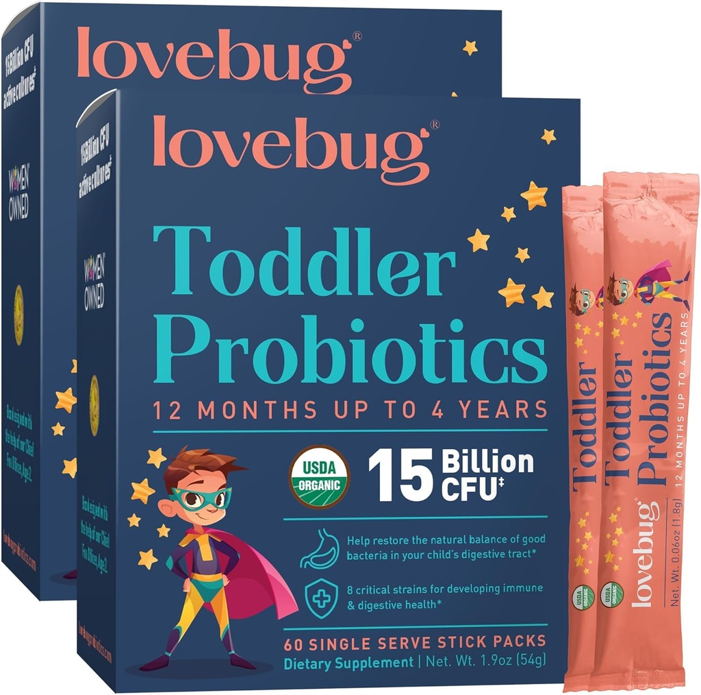 LOVEBUG Kids Probiotic Powder with Prebiotic Fiber - Todler immunitetsstøtte og lindring - USDA Organic Probiotics for barn Gut & Digestive Health (Ages 1-4) - 60 Pack (Uflavoured)