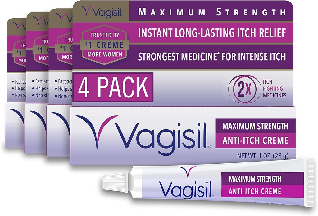 Vagisil Maks styrke Feminin Anti-Tykk Krem med benzokain for kvinner, hjelper lindrer Yeast infeksjon irritation, Gynekolog testet, raskvirkende, sot og kulde hud, 1 oz (Pack of 4)