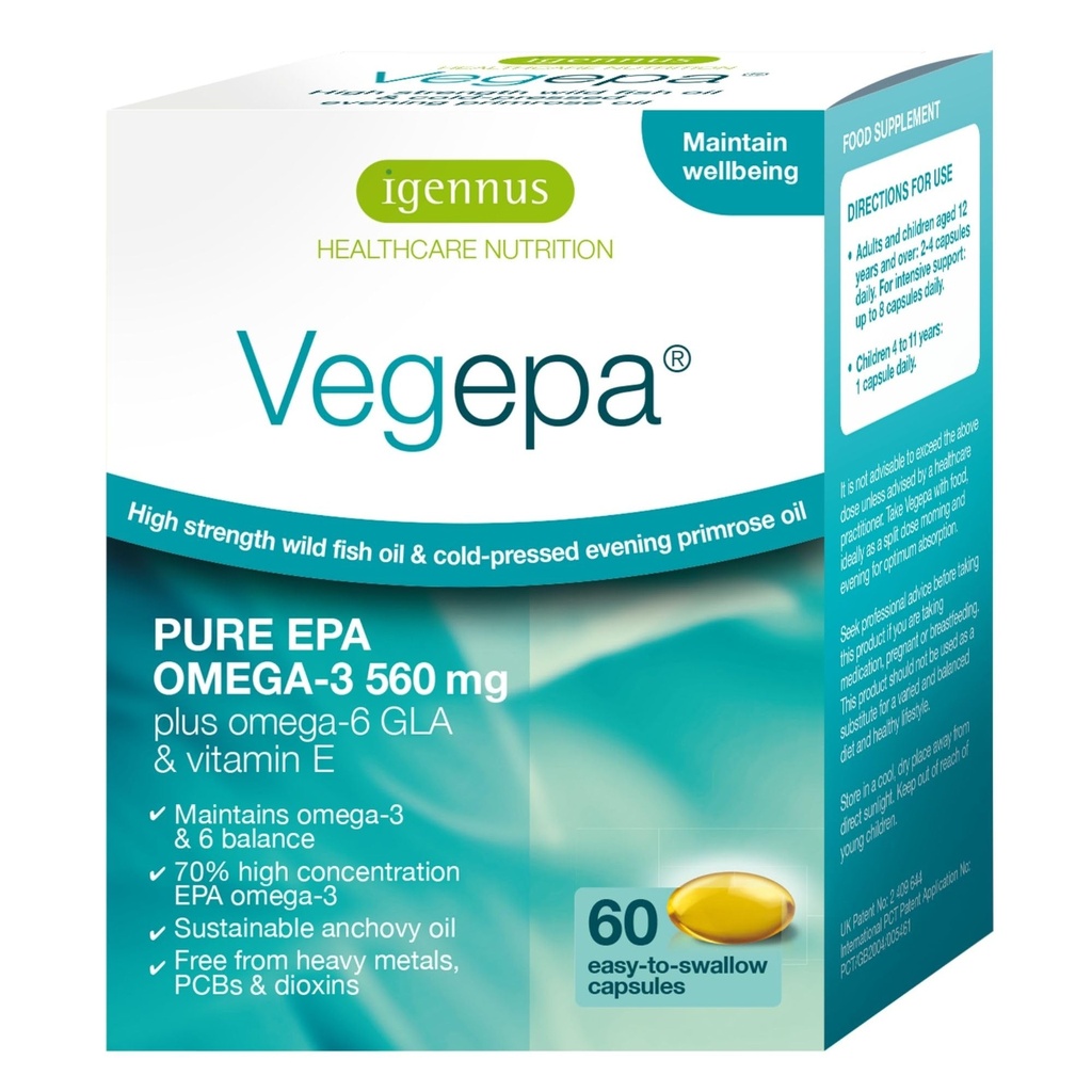 Igenus Vegepa Omega 3 Wild Fish Oil & Aften Primrose Olje Blanding, 560 mg EPA Plus GLA, 60 små Softgels