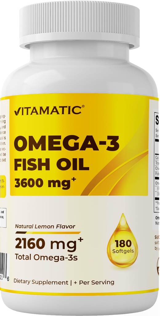 Vitamatic trippel styrke Omega 3 fiskolje 3600mg Per servering, 2160mg Omega 3 fettsyrer, 1296mg EPA + 864mg DHA, Burpless Lemon Flavor, 180 Softgels
