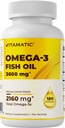 Vitamatic trippel styrke Omega 3 fiskolje 3600mg Per servering, 2160mg Omega 3 fettsyrer, 1296mg EPA + 864mg DHA, Burpless Lemon Flavor, 180 Softgels