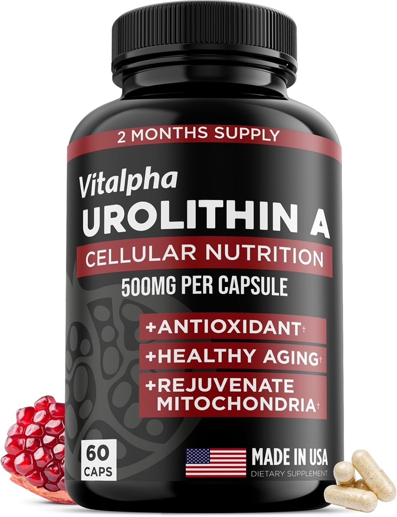 Anti-Aging Urolithin Et Supplement - ren og kraftig antioksidant beskyttelse Mitokondrial Supplements - Naturlig energi Boost - Mitokondrial Helse & Cell Repair Støtte for menn og kvinner - 60 Caps