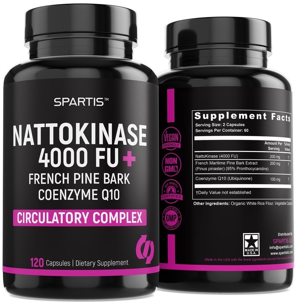 Nattokinase Supplement 4000 FU CoQ10 100mg Fransk Maritime Pine Bark Extract 200mg med Enzymes for sirkulatorisk og kardiovaskulær støtte (pakke på 1 ved 120-kapsler)
