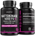 Nattokinase Supplement 4000 FU CoQ10 100mg Fransk Maritime Pine Bark Extract 200mg med Enzymes for sirkulatorisk og kardiovaskulær støtte (pakke på 1 ved 120-kapsler)