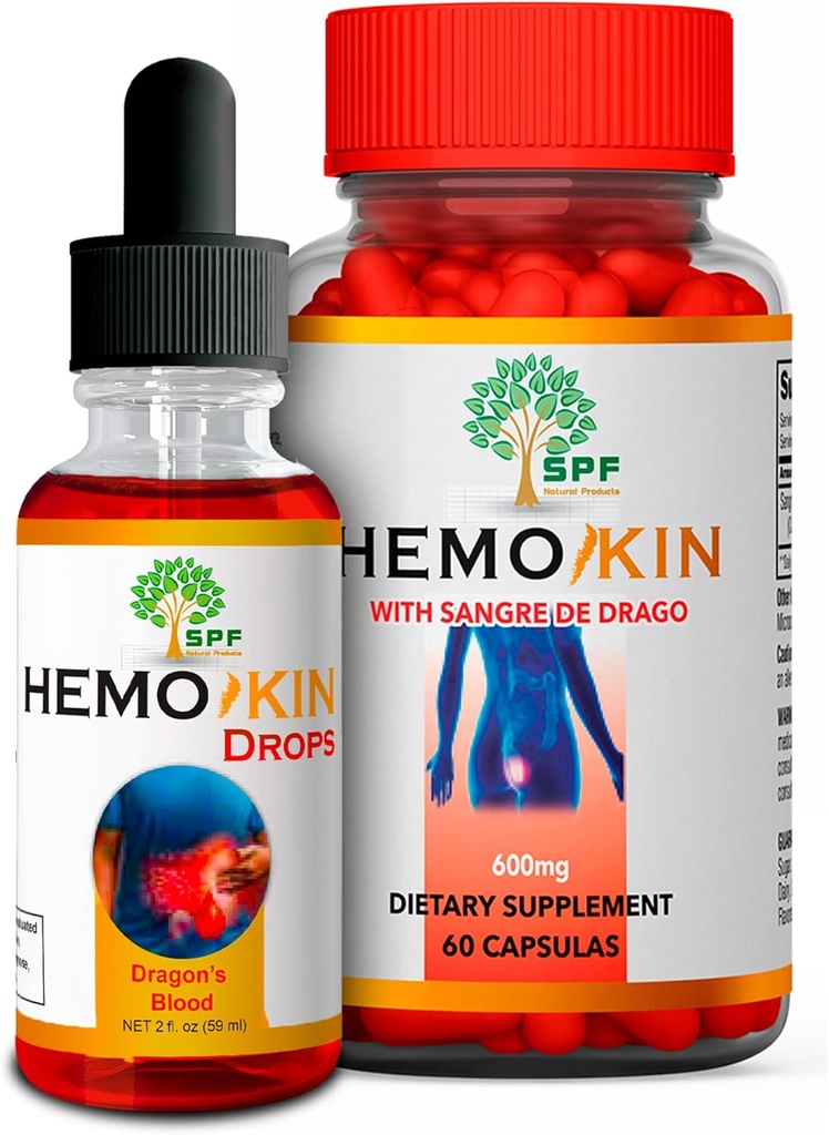 HEMOKIN Kapsler & SPF HEMOKIN Dråber med Sangre de Drago | Hemorroid, Fissure & sår Reduksjon | Reduserer kløe, hevelse, smerte | Digestiv helse og helbredende støtte | 60 Caps + 2 Oz
