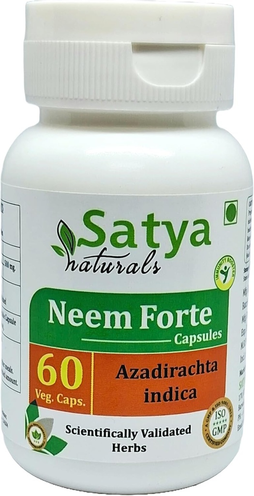 Neem Forte Capsules 500 mg. 60 Veg. Kapsel | Neem (Azadirachta Indica) ekstrakt kapsler for menn og kvinner | Ayurvedic Herbal Supplement/Remedier (1 flaske 60 Kapsler)