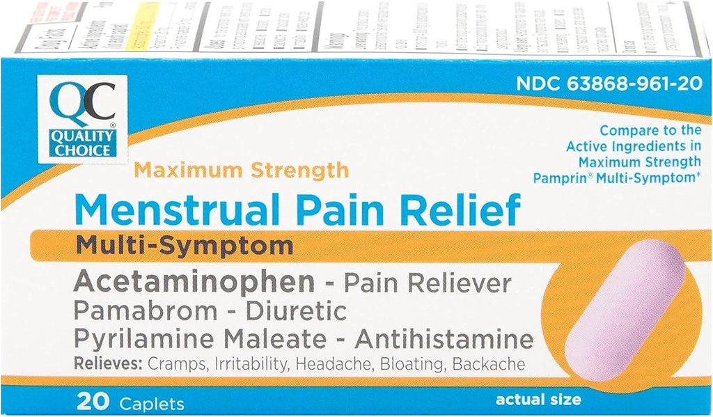 Kvalitetsvalg Maks styrke Menstruell smertelindring, Multi Symptom smertelindring kapell, Kramper, hodepine, bloating, ryggsmerter og irritabilitet, 20 greve pakke