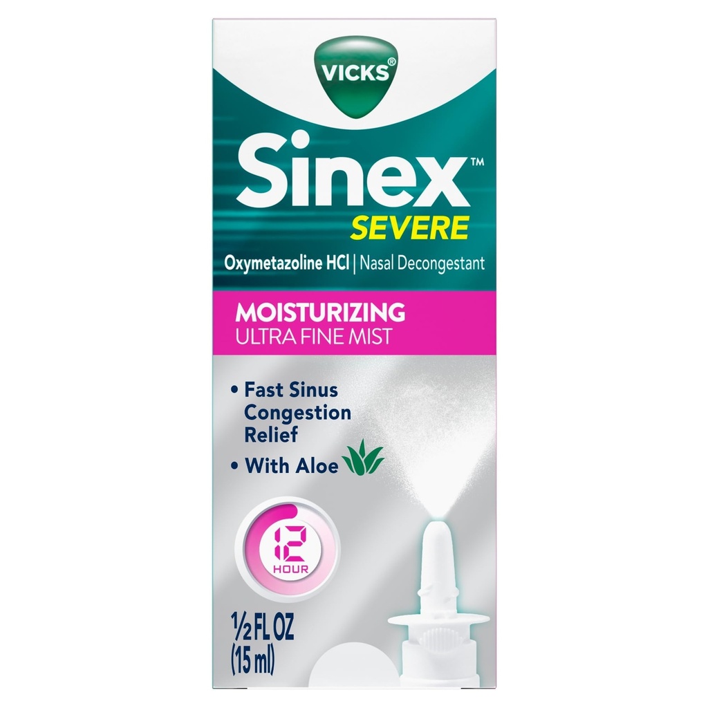 Vicks Sinex Alvorlig Nasal Spray med moisturizing Ultra Fine Mist, Decongestant for Stuffy Nese Relief fra Cold, Allergy, Sinus Pressure - 265 Sprøyter