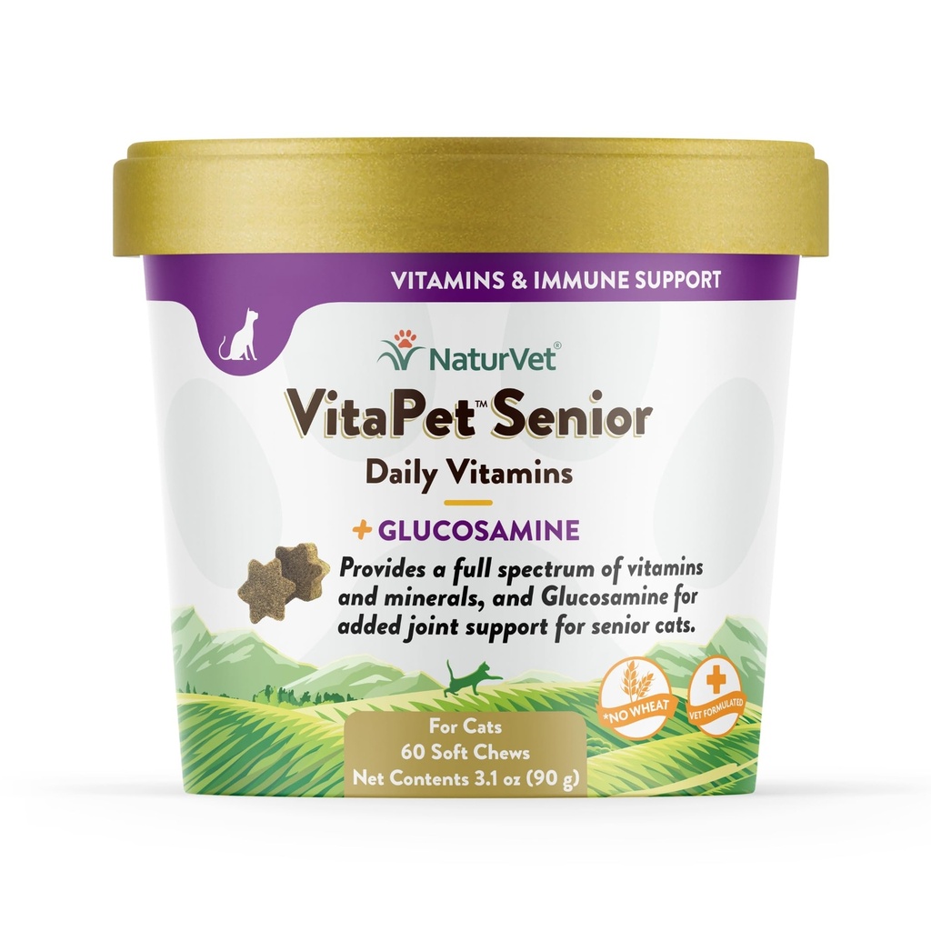 NaturVet VitaPet Senior daglig vitaminer for katter Plus Glukosamin, spesielt formet til å gi essensielle mineraler, 90 g, 60 greve