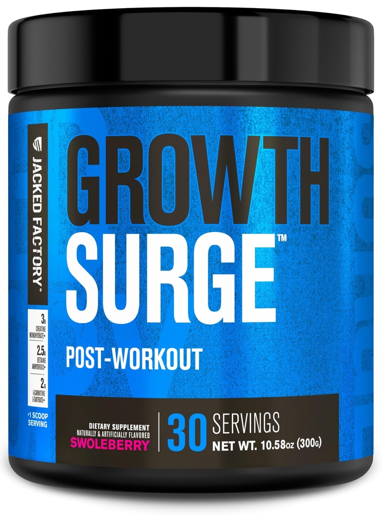 Jacked Factory Growth Surge Creatine Post Trening w/L-Carnitine - Daglig Muskelbuilder & Recovery Supplement med kreatin Monohydrat, Betain, L-Carnitine L-Tartrat - 30 Serveringer, Swoleberry