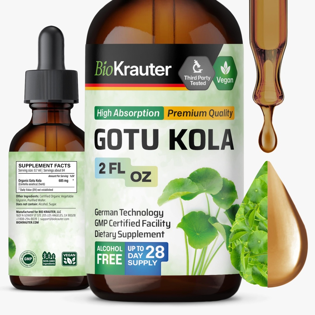 BIO KRAUTER Gotu Kola Tinktur - Centella Asiatica ekstrakt - alkohol og sukker gratis Gotu Kola ekstrakt - Vegansk Drops 2 Fl.Oz.