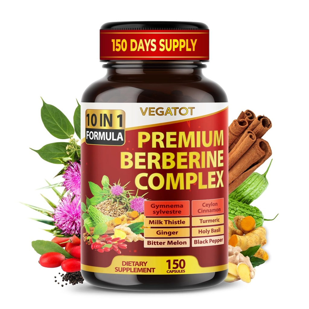 VEGATOT GlucoSavior Berberine Supplement med Ceylon Cinnamon, Bitter Melon, Gymnema - Støtter immun, hjerte helse og gastrointestinal funksjon - laget i USA (150 Count (Pack of 1))