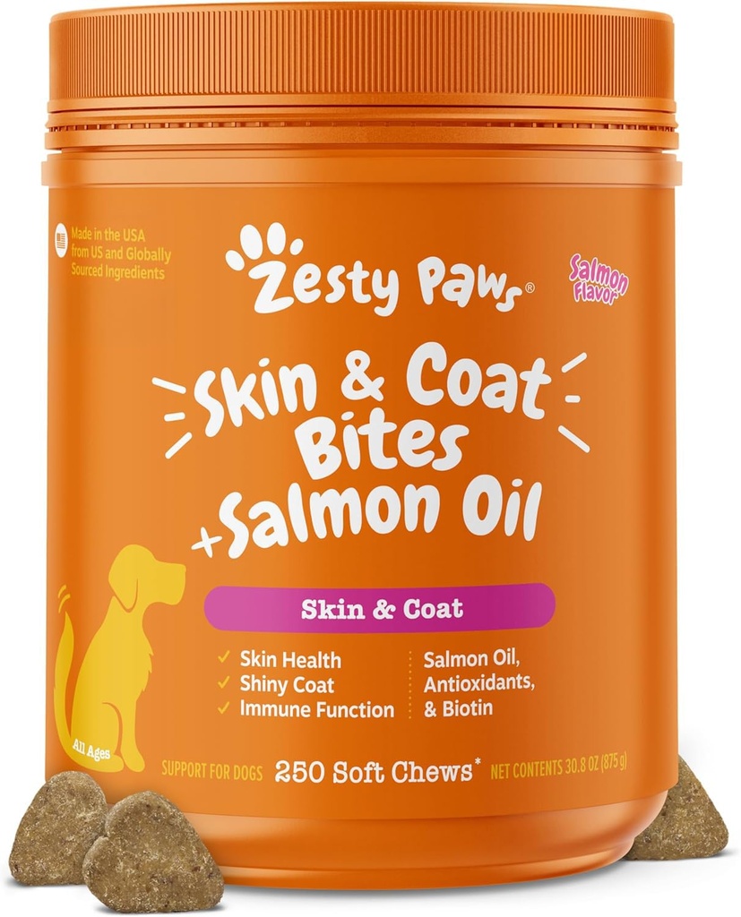 Zesty Paws Salmon Oil for hunder Hud og Coat, Omega 3 Fish Oil Chews, Hunde Allergy Relief Chews, Itch Relief Supplement, 250 Count, Salmon Flavor