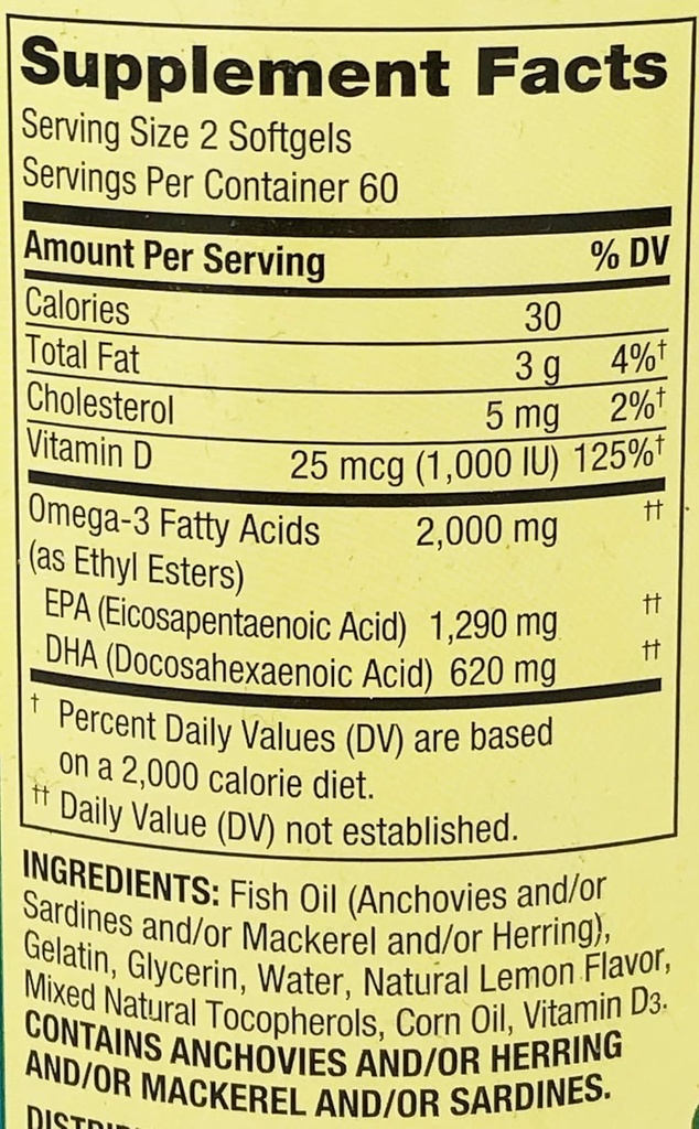 Spring Valley Omega 3 Fish Oil Maksimal omsorg 2000mg sitron 120 mykgels