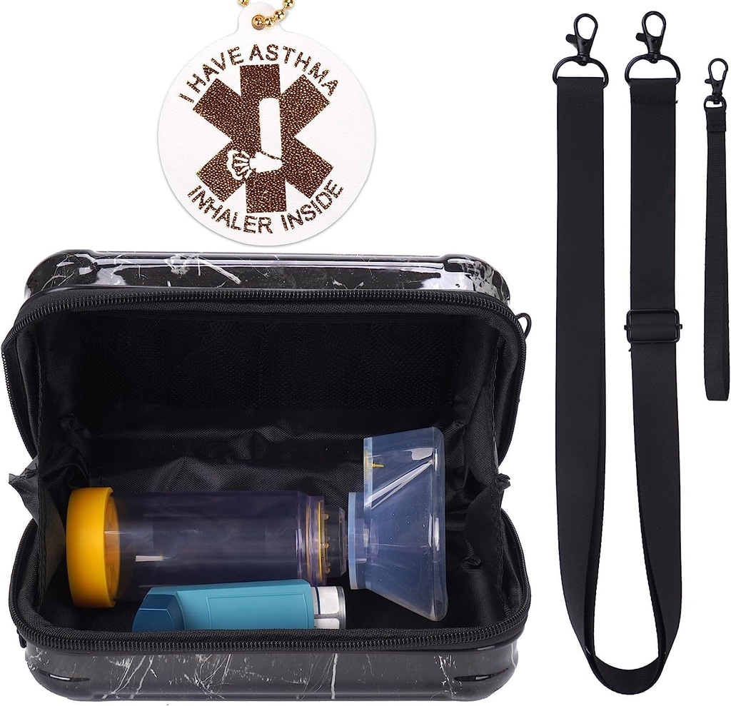 MGZNMTY Reisebærende sak for Astma Inhaler, Inhaler Spacer for barn og voksne, Masker, Holder Veske med skulder crossbody Rope og Mesh Pocket for medisin (Bara tilfelle) (Black Marble)