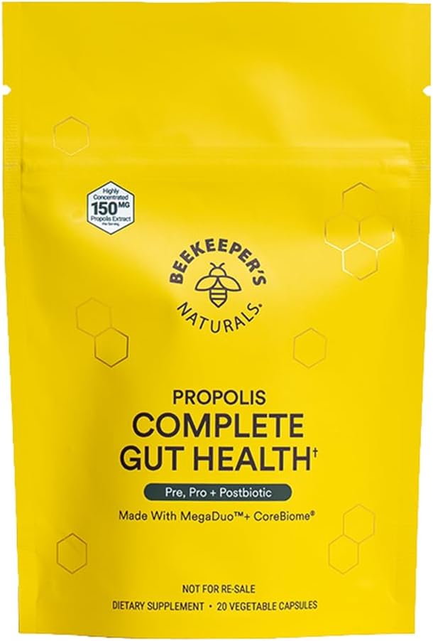 Beekeeper 's Naturals Complete Gut Helse, 3-i-1 Prebiotic, Postbiotika, Probiotika for Digestive Helse og Bloating Relief for kvinner og menn, Propolis drevet, Glutenfri Vegankapsler, 20ct
