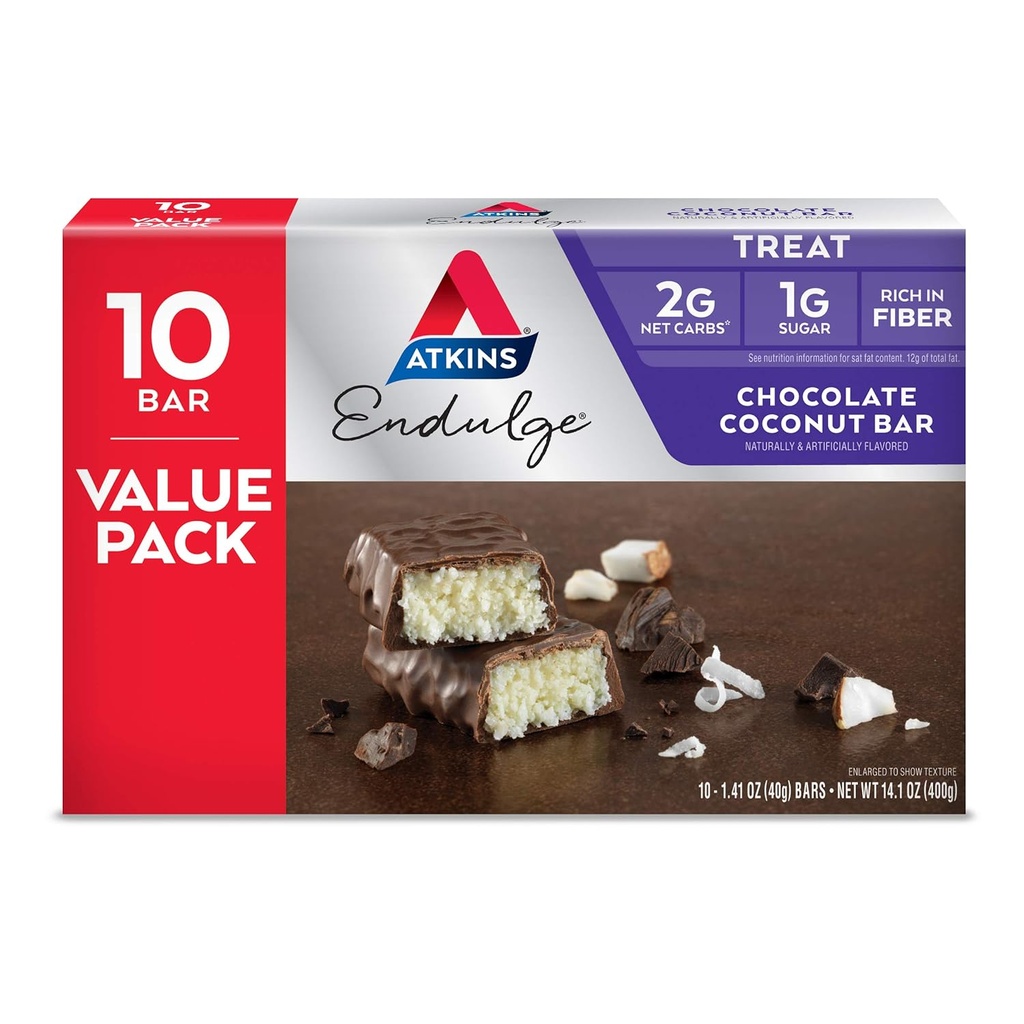 Atkins Endulge Sjokolade Kokos Bar, Dessert Favoritt, Høy i Fiber, 1g Sukker, 10 greve
